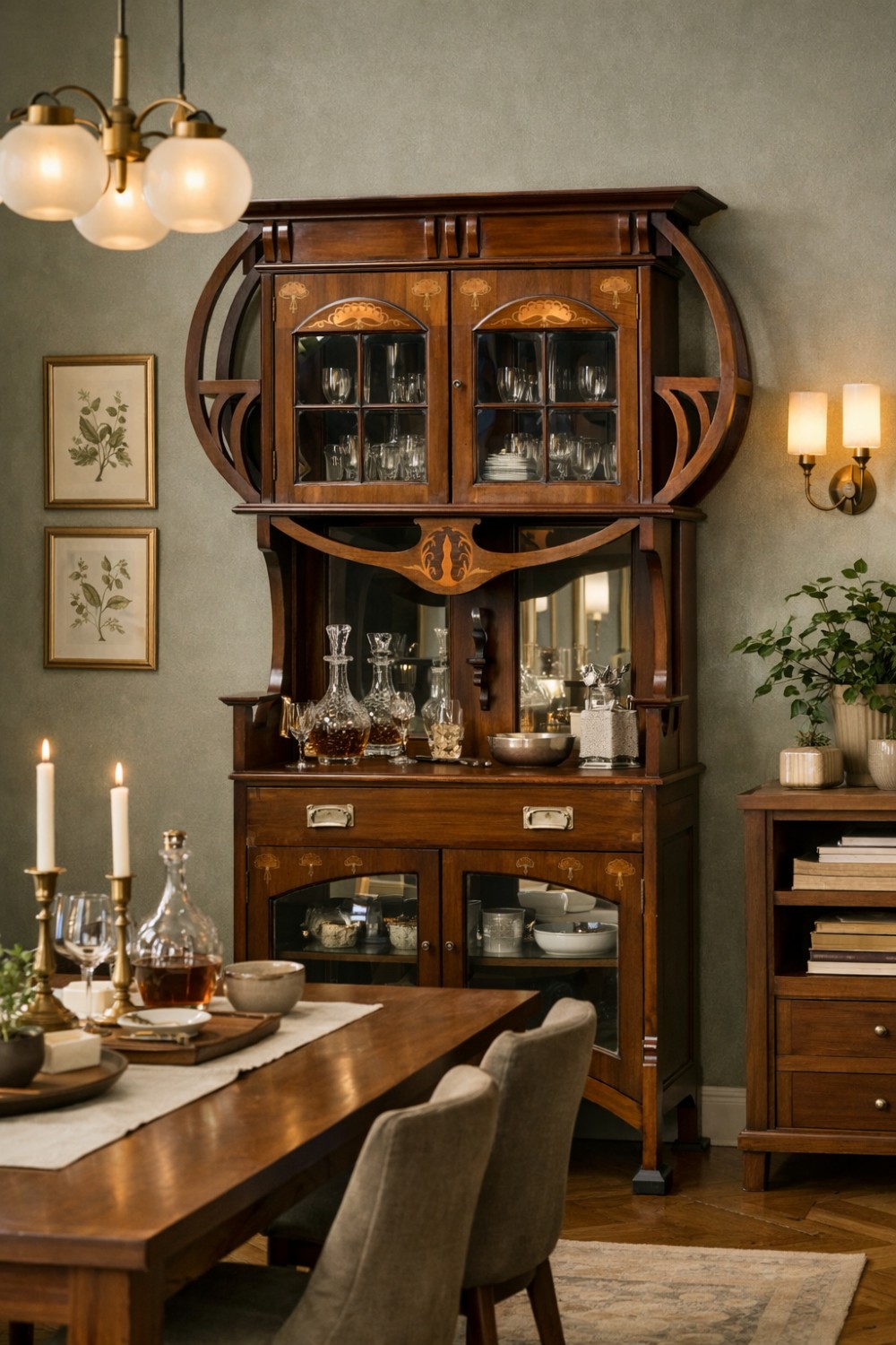 An Art Nouveau dark mahogany display cabinet featuring botanical inlay motifs, glazed upper doors, a central mirrored recess, a single drawer, and curved side brackets. View XV