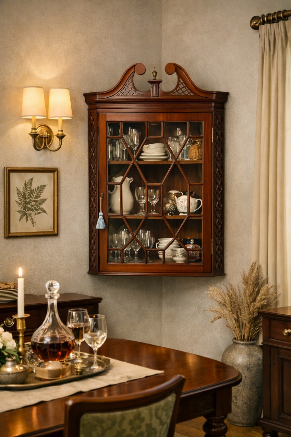 An Edwardian mahogany hanging corner cabinet featuring a swan-neck pediment, central urn finial, astragal glazed door, green fabric-lined interior, and carved fretwork side details. View XV