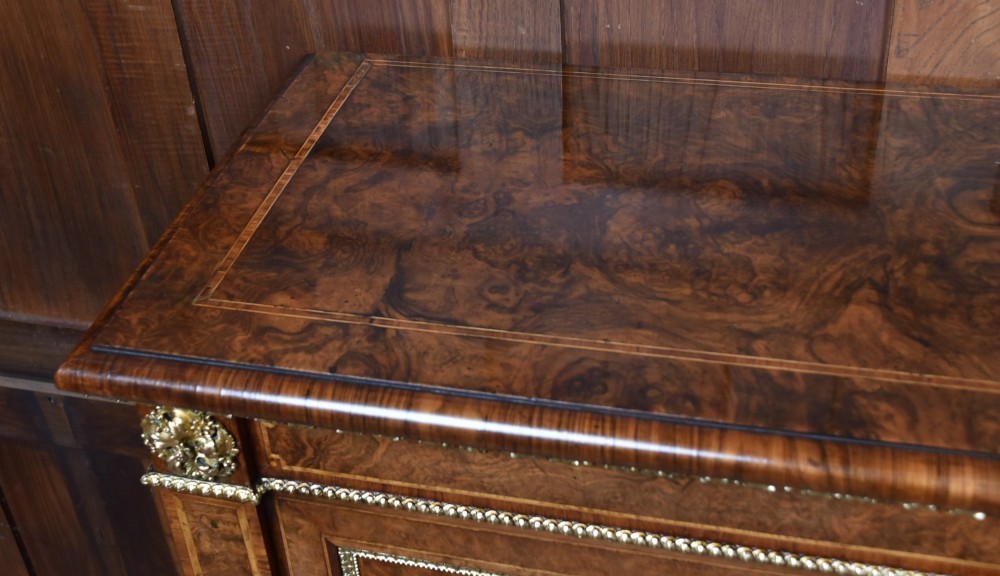 A 19th-century Victorian burr walnut side cabinet featuring two panelled doors with decorative brass mounts and a plinth base. View IX