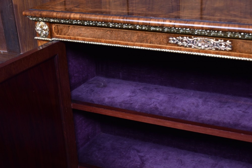 A 19th-century Victorian burr walnut side cabinet featuring two panelled doors with decorative brass mounts and a plinth base. View XI