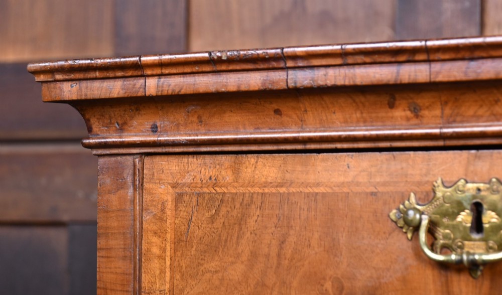 An eighteenth-century figured walnut chest on stand featuring brass hardware, crossbanded drawers, an arched apron, and cabriole legs. View VIII