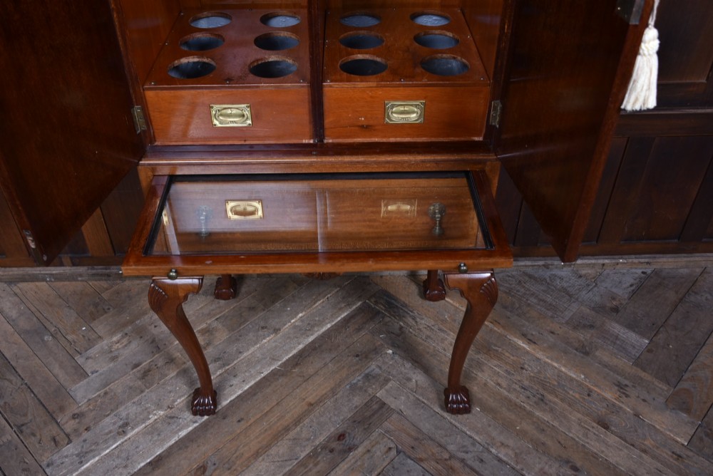 An Edwardian mahogany drinks cabinet on stand featuring chevron-matched wood veneer doors, a lower drawer with brass drop handles, and carved cabriole legs ending in ball and claw feet. View VI