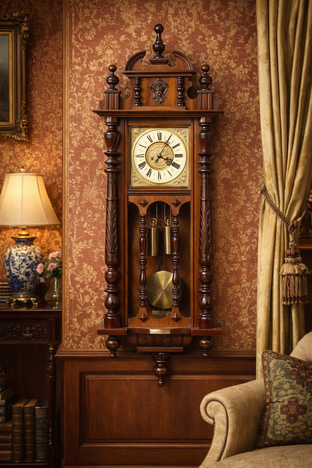 A late 19th-century Vienna-style wall clock featuring a dark walnut carved wood case, turned side columns, decorative pediment, brass weights, and a brass pendulum. View X