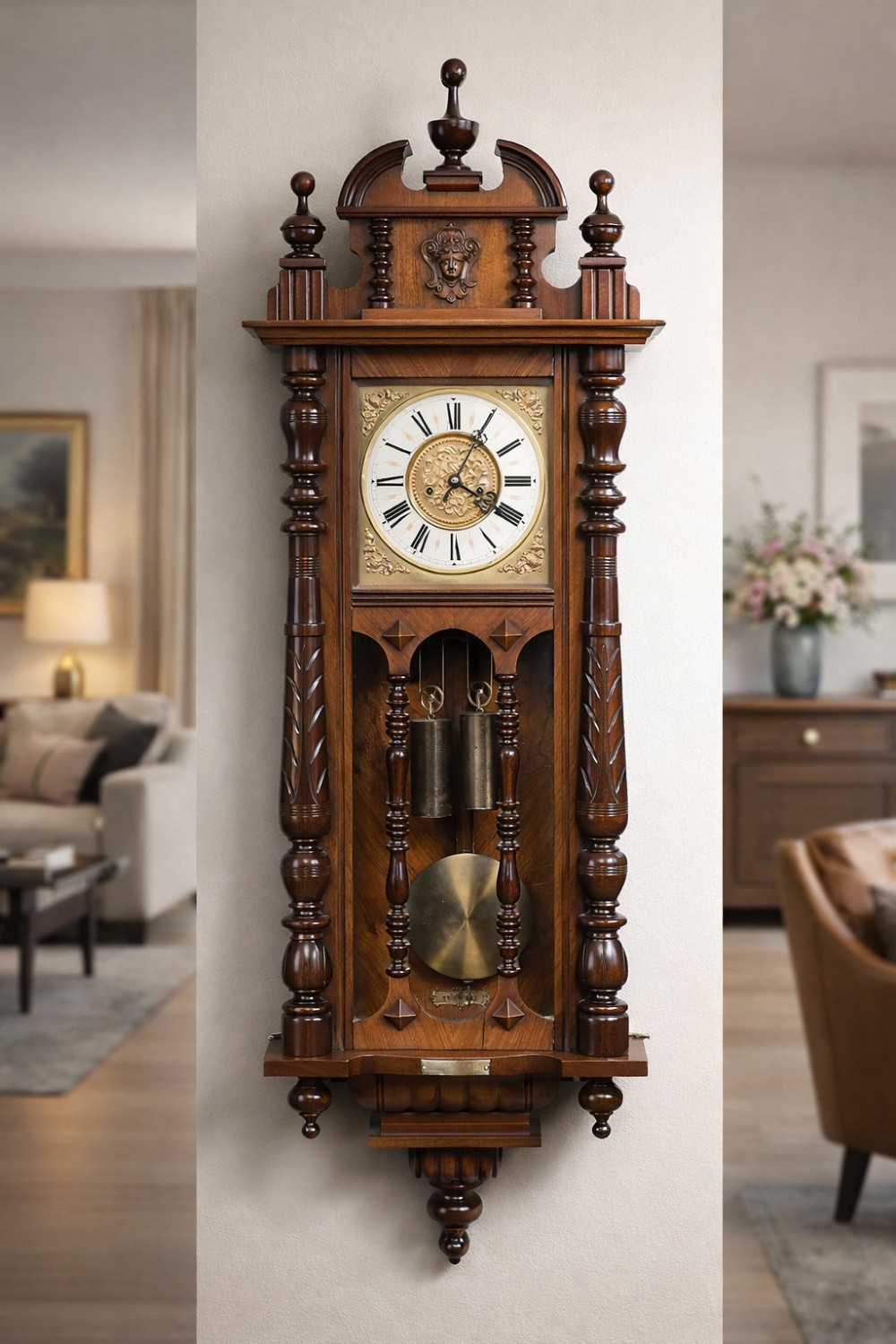 A late 19th-century Vienna-style wall clock featuring a dark walnut carved wood case, turned side columns, decorative pediment, brass weights, and a brass pendulum. View XI