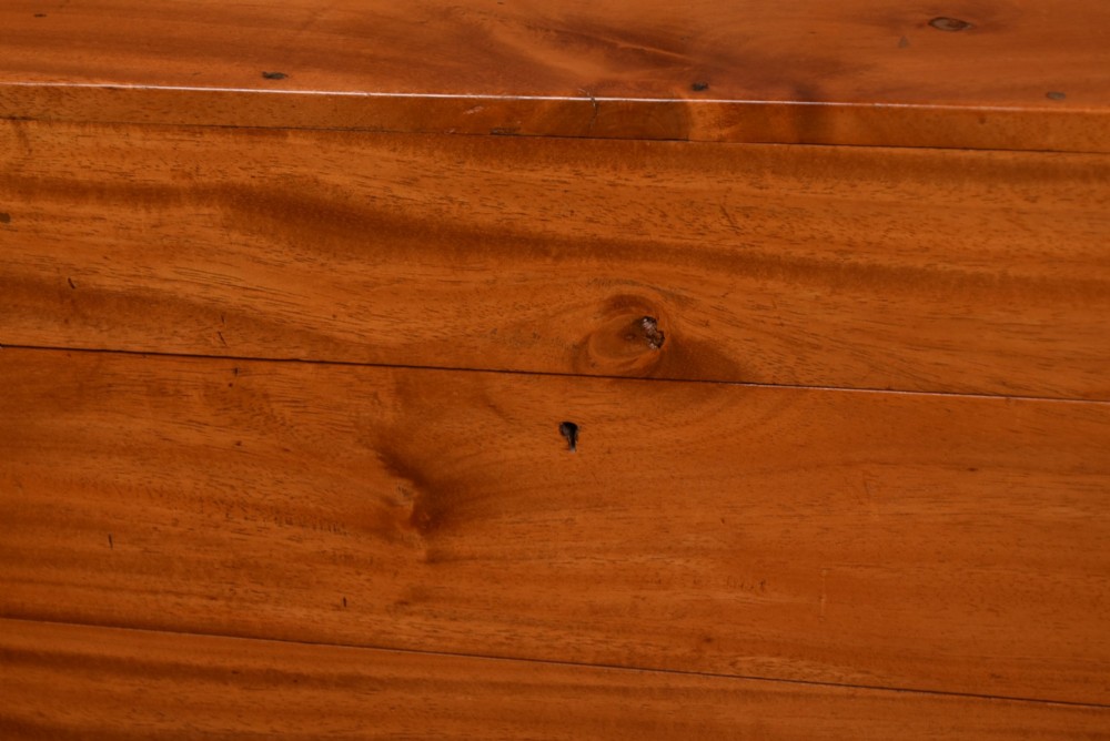 A rectangular warm amber camphor wood blanket box featuring exposed dovetail corner joints and metal side handles. View III