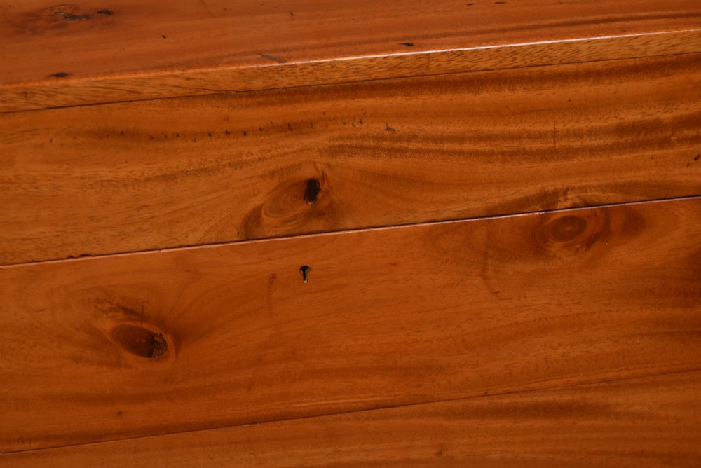 A rectangular warm amber camphor wood blanket box featuring exposed dovetail corner joints and metal side handles. View IV