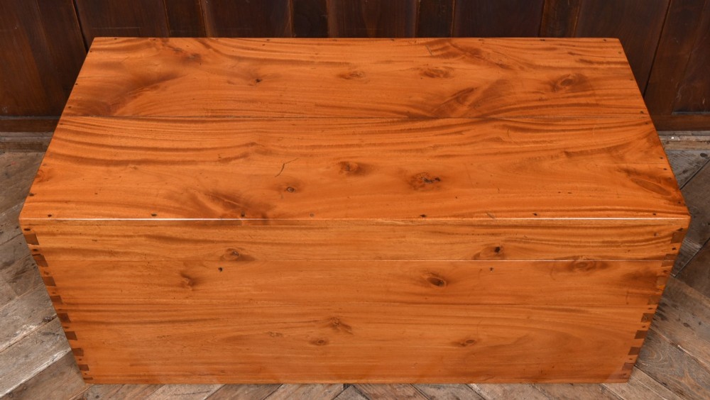 A rectangular warm amber camphor wood blanket box featuring exposed dovetail corner joints and metal side handles. View V