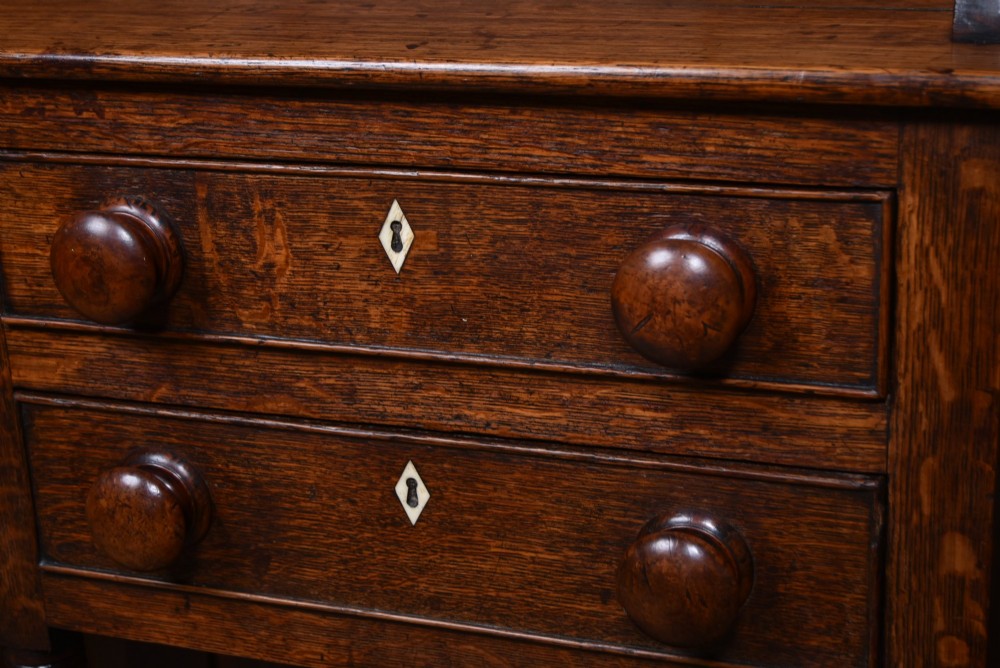 A dark patinated oak country dresser featuring a three-tiered open plate rack stacked with ceramic tableware, set above a base with five drawers, turned front legs, and a low pot board shelf. View V