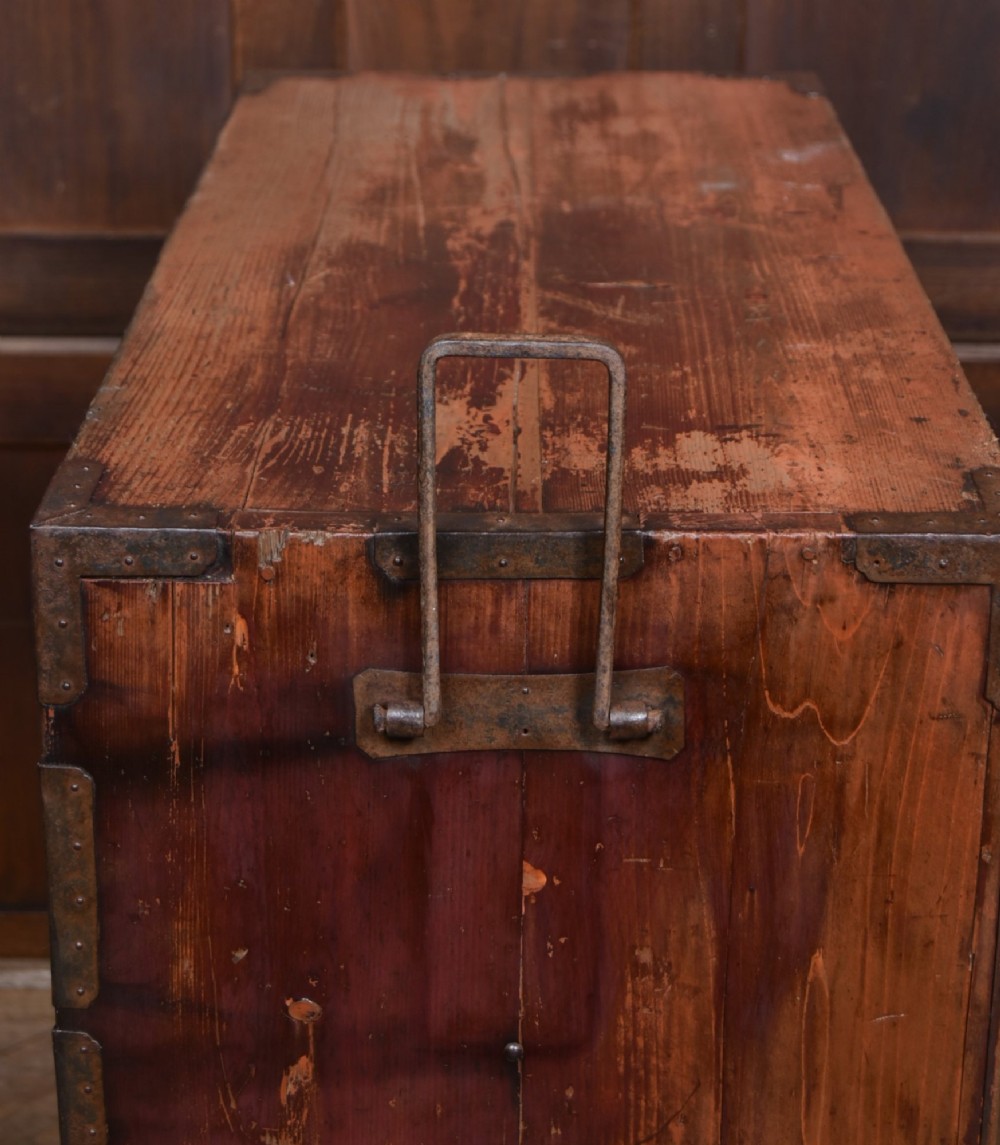 A Japanese tansu wooden chest featuring multiple drawers, sliding louvered doors, a small lockable door, and dark iron corner plates and drop handles. View XIII