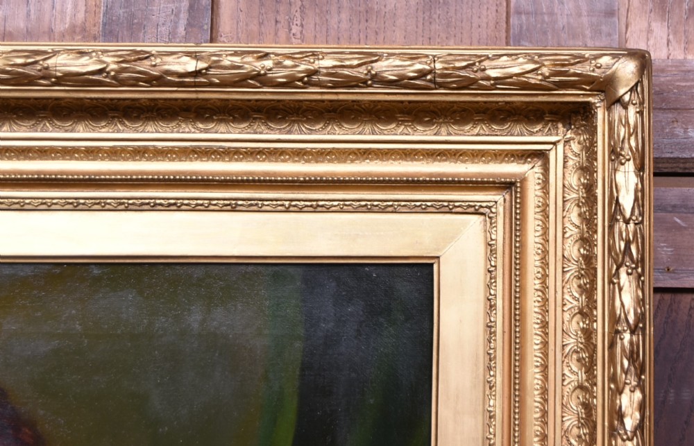 A nineteenth-century oil painting on canvas depicting a seated gentleman wearing a black jacket and white shirt, housed within a gilded wooden frame. View VI