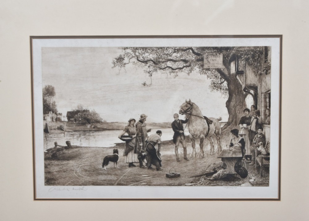 A framed 19th-century monochrome etching depicting figures, a horse, and a dog beside a river outside a village inn, encased in a light wood frame with an off-white mount. View III