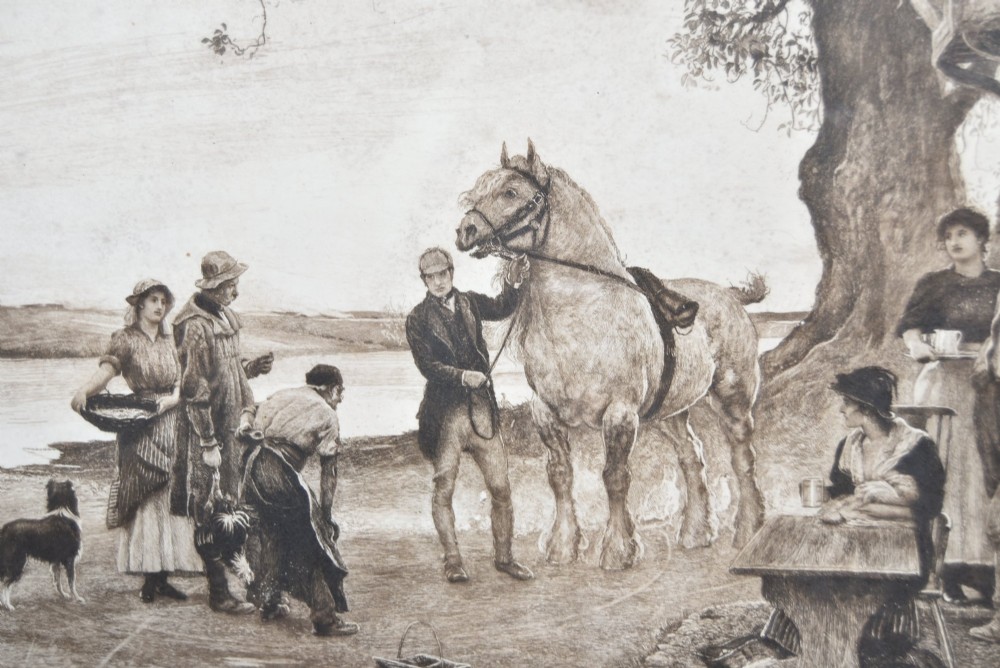 A framed 19th-century monochrome etching depicting figures, a horse, and a dog beside a river outside a village inn, encased in a light wood frame with an off-white mount. View IV