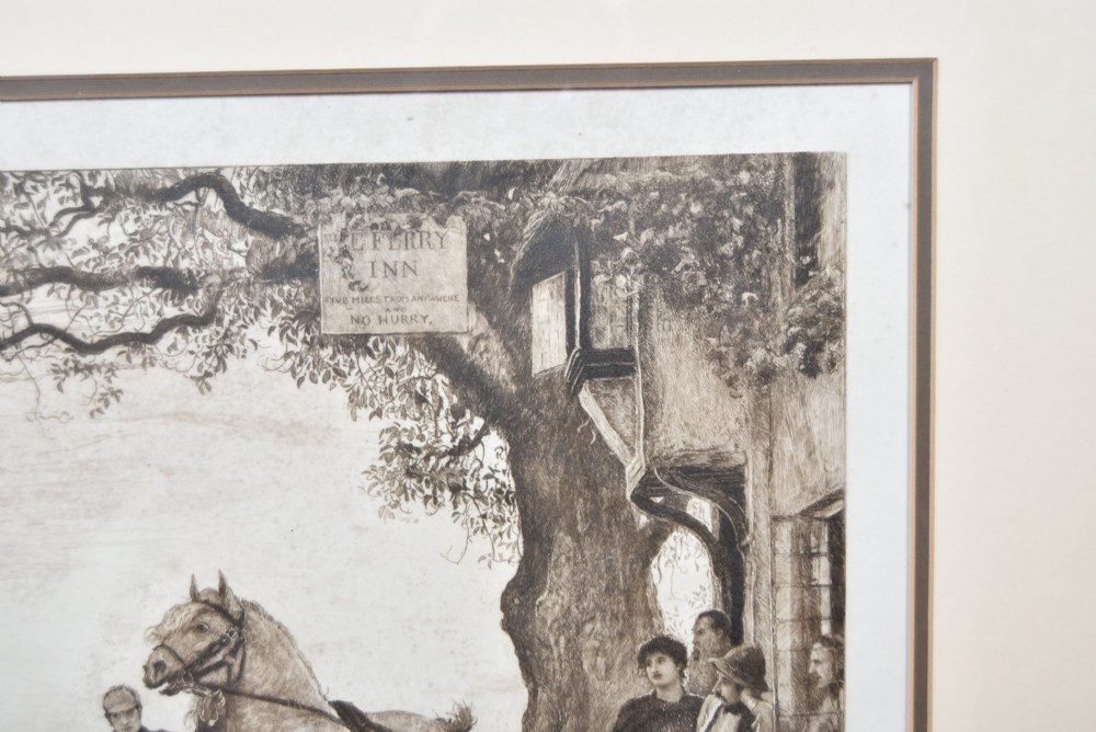 A framed 19th-century monochrome etching depicting figures, a horse, and a dog beside a river outside a village inn, encased in a light wood frame with an off-white mount. View V