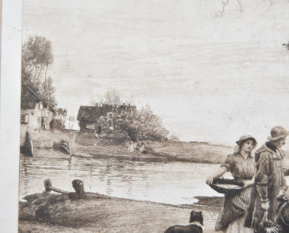 A framed 19th-century monochrome etching depicting figures, a horse, and a dog beside a river outside a village inn, encased in a light wood frame with an off-white mount. View VI