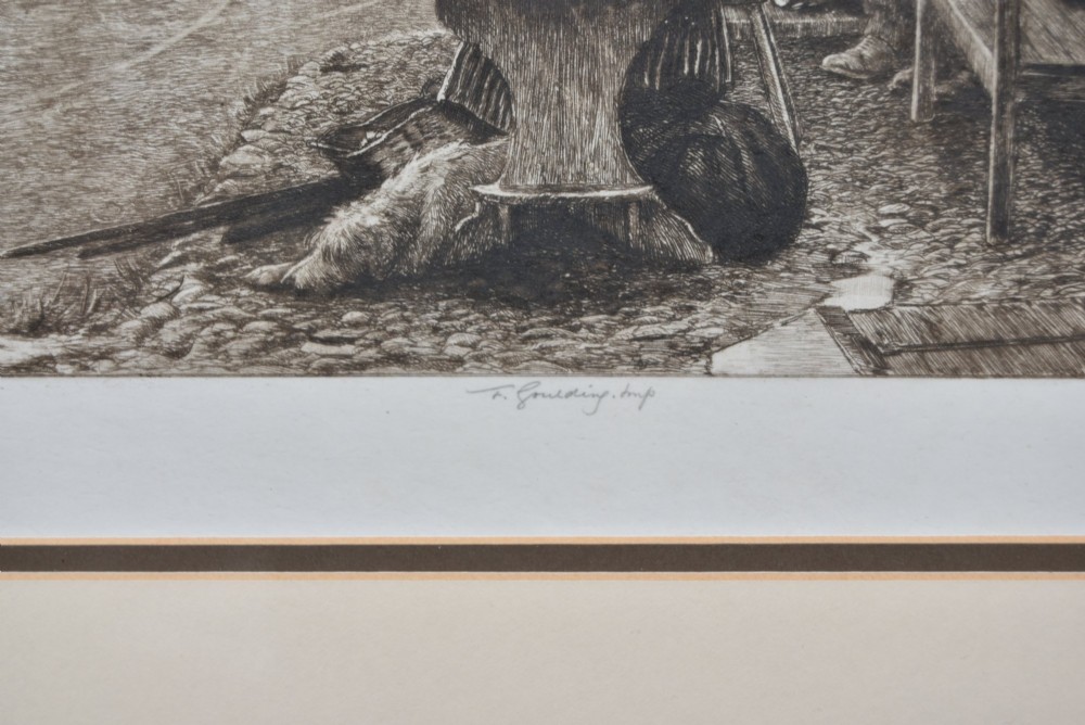 A framed 19th-century monochrome etching depicting figures, a horse, and a dog beside a river outside a village inn, encased in a light wood frame with an off-white mount. View VIII