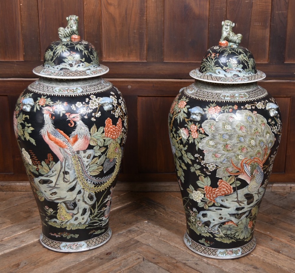 A pair of large black-ground Chinese porcelain floor jars with domed lids topped with foo dog finials and painted peacock, floral, and rockery motifs. View XII