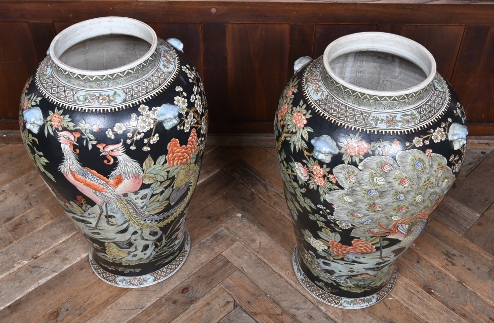 A pair of large black-ground Chinese porcelain floor jars with domed lids topped with foo dog finials and painted peacock, floral, and rockery motifs. View XV