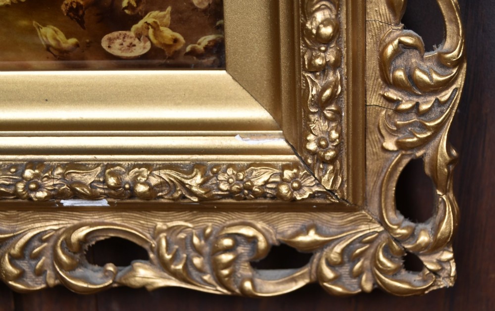A pair of 19th-century framed crystoleum prints depicting figurative genre scenes, set inside deeply carved gilt frames. View IV