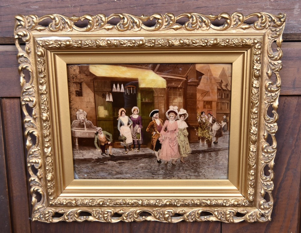 A pair of 19th-century framed crystoleum prints depicting figurative genre scenes, set inside deeply carved gilt frames. View VIII