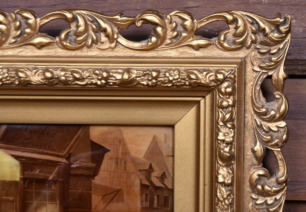 A pair of 19th-century framed crystoleum prints depicting figurative genre scenes, set inside deeply carved gilt frames. View XI