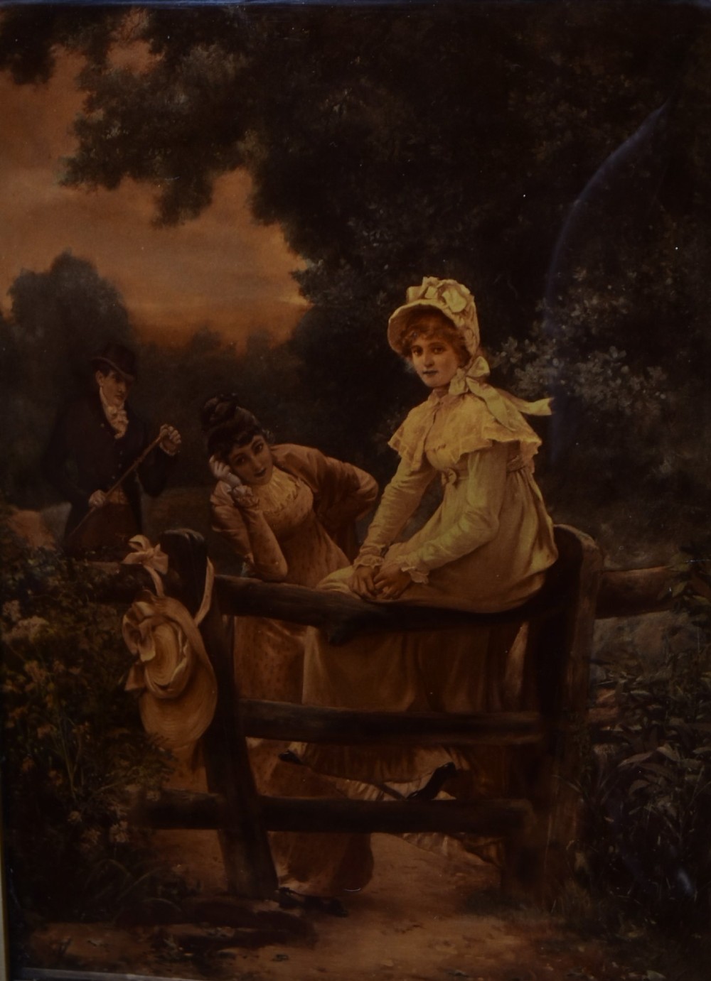 A 19th-century Victorian crystoleum picture depicting figures at a countryside fence, presented in an ornate gilt frame. View II