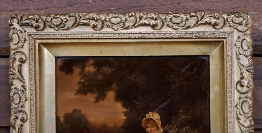A 19th-century Victorian crystoleum picture depicting figures at a countryside fence, presented in an ornate gilt frame. View III