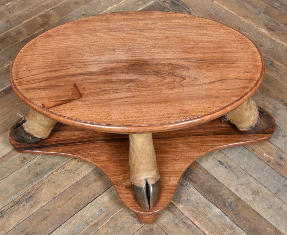 An oval polished wooden coffee table supported by four taxidermy hooves standing on a shaped wooden base with ball feet. View VII