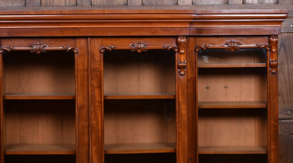 A large Victorian mahogany breakfront bookcase featuring four glazed upper doors and four panelled lower cupboard doors with carved details. View XI