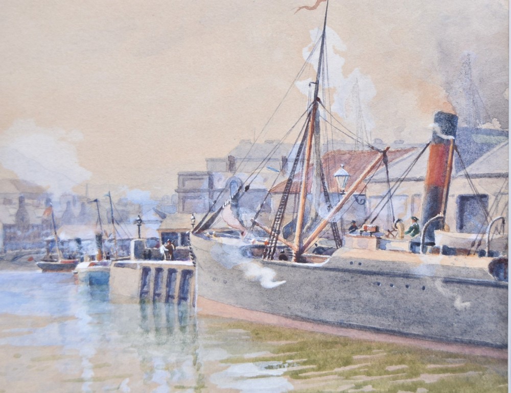 A framed watercolour painting depicting vessels and shipping in the Port of Leith harbour within a light wood frame. View III