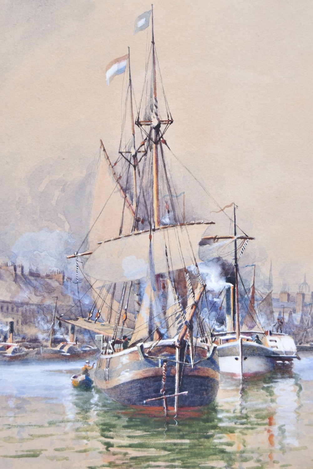 A framed watercolour painting depicting vessels and shipping in the Port of Leith harbour within a light wood frame. View IV