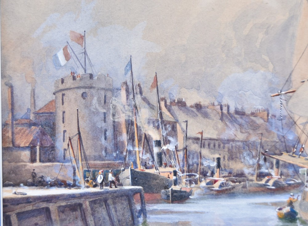 A framed watercolour painting depicting vessels and shipping in the Port of Leith harbour within a light wood frame. View V