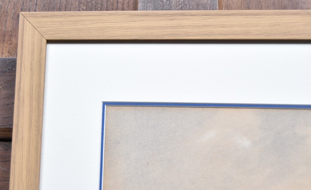 A framed watercolour painting depicting vessels and shipping in the Port of Leith harbour within a light wood frame. View VI