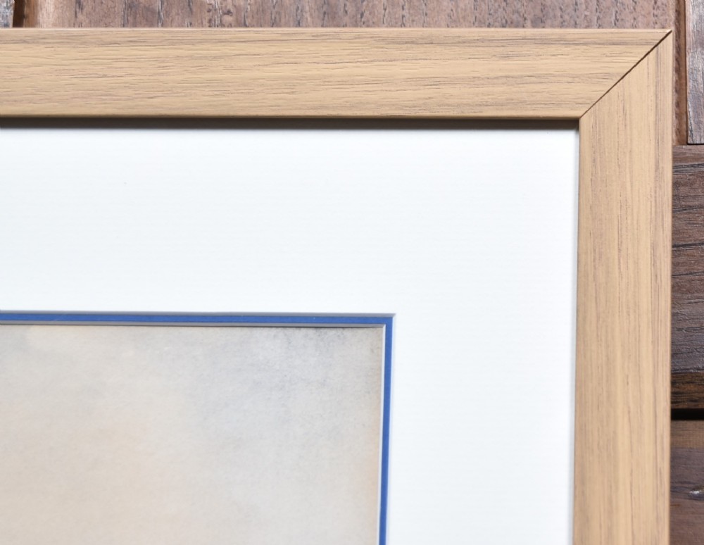 A framed watercolour painting depicting vessels and shipping in the Port of Leith harbour within a light wood frame. View VII