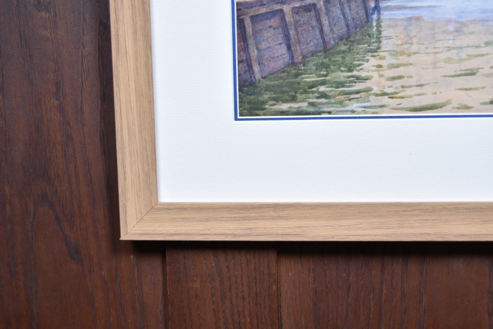 A framed watercolour painting depicting vessels and shipping in the Port of Leith harbour within a light wood frame. View IX