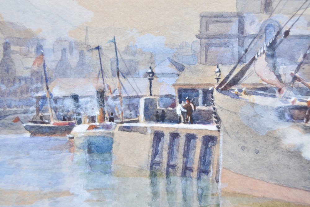 A framed watercolour painting depicting vessels and shipping in the Port of Leith harbour within a light wood frame. View X