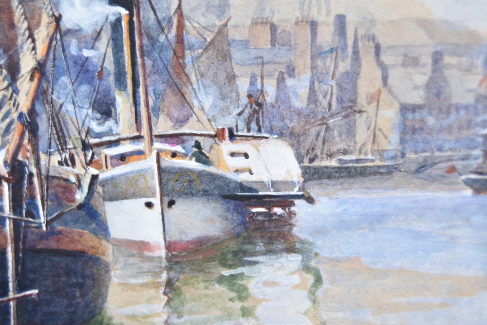 A framed watercolour painting depicting vessels and shipping in the Port of Leith harbour within a light wood frame. View XI