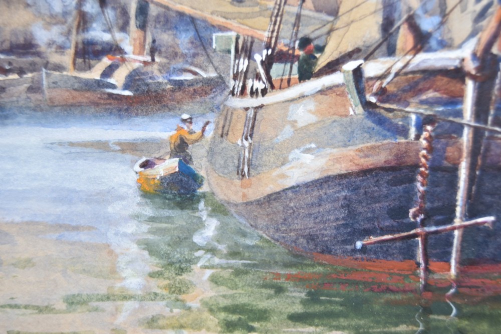 A framed watercolour painting depicting vessels and shipping in the Port of Leith harbour within a light wood frame. View XII