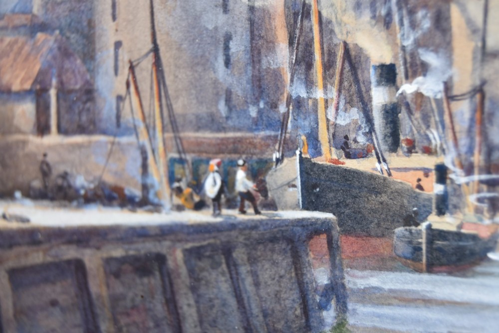A framed watercolour painting depicting vessels and shipping in the Port of Leith harbour within a light wood frame. View XIII