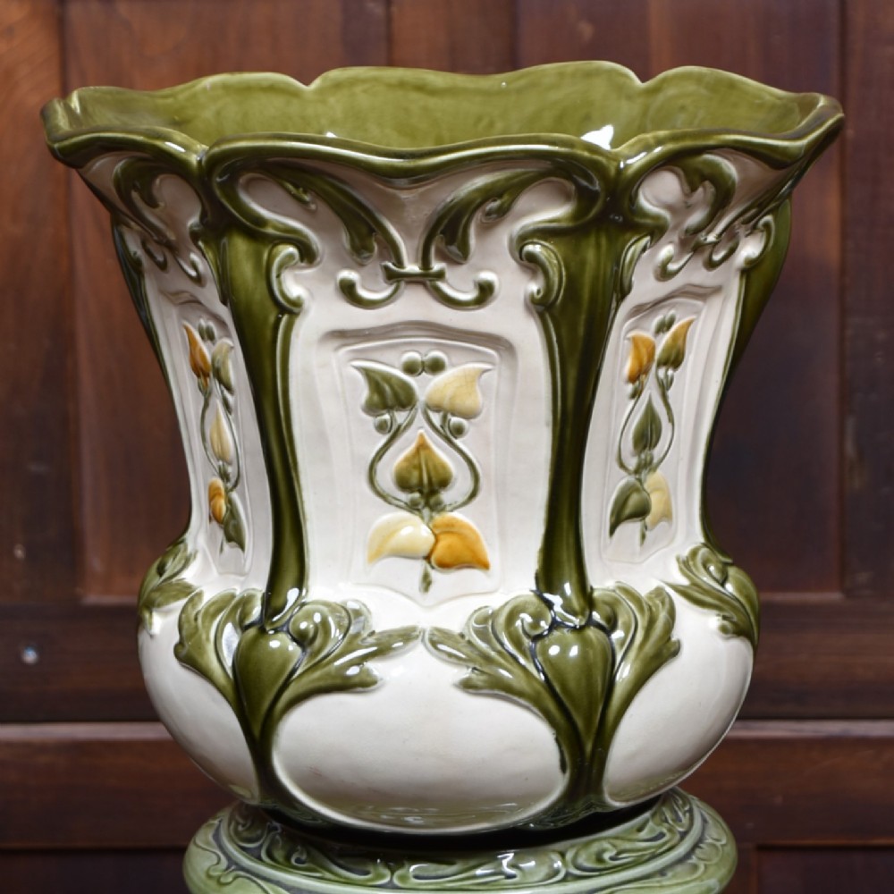 Art Nouveau Majolica Jardinière and Pedestal View II