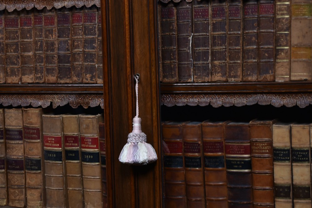 An Edwardian walnut glazed bookcase featuring a two-door upper section with glass panels, adjustable interior shelving, and a lower cabinet with burr walnut door panels. View II