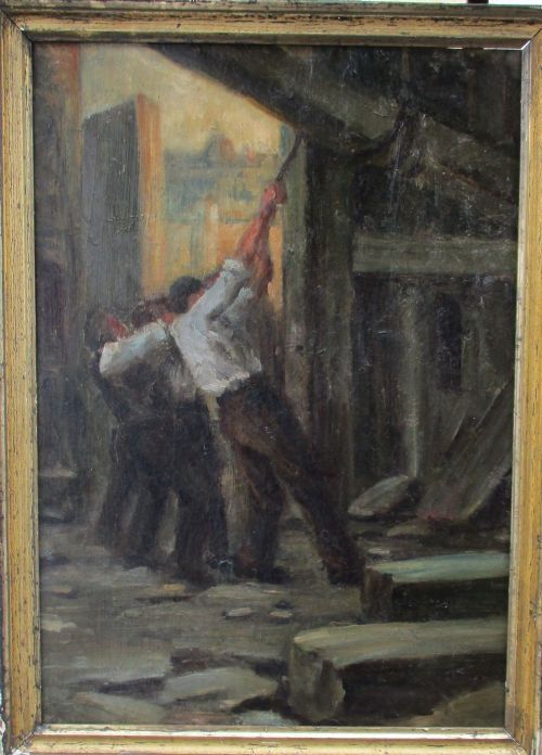 1890s-1900 Period Antique French Oil on Board Painting,  Carpenters, Circle of  Maximilien Luce