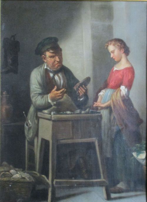 At the Cobblers: Biedermeier Era 1850s Continental Genreantique Oil Painting