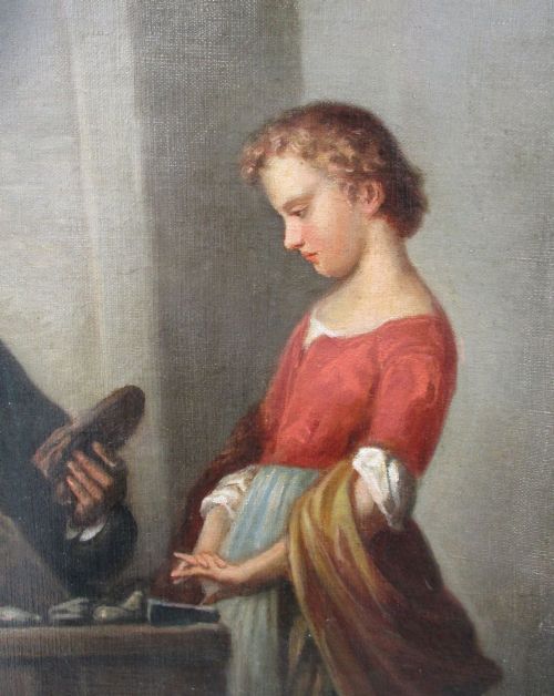 fig 1. At the Cobblers: Biedermeier era 1850s continental genreantique oil painting 