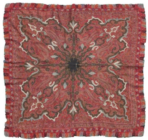 Antique Handwoven Indian Kashmir Jamawar Shawl Ca 1860 with Boteh and Harlequin Borders