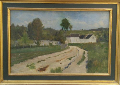 fig 1. French Antique Impressionist plein air study of a country lane dated 1887, oil on canvas