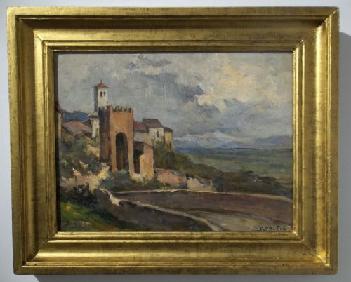 French Pierre Georges Dieterle (1844-1937)  Corot Student, Antique Oil on Panel Italian Hillside Town