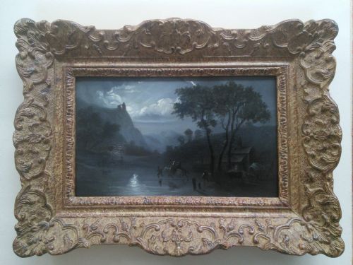 Antique French Oil on Panel 19th Century: Crossing the River at Moonlight on Horseback