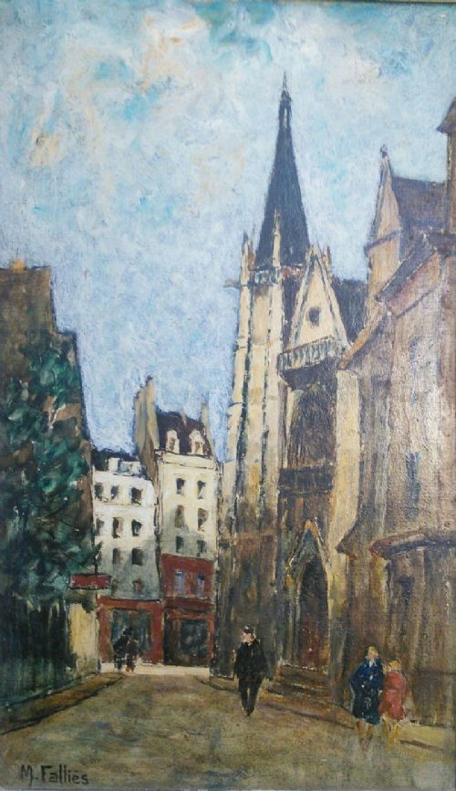 Antique Paris Latin Quarter Painting, C. 1930-40, Outside St Severin Church Oil on Board by  Francois Gall's Student Maurice Falliès (1883-1965)