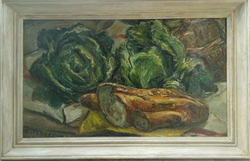 French Albert Bergevin  Cabbage and Bread Antique Oil Painting, 1952
