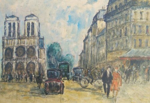 fig 1. A framed oil painting depicting a Parisian street scene with Notre Dame Cathedral in the background under a cloudy sky.